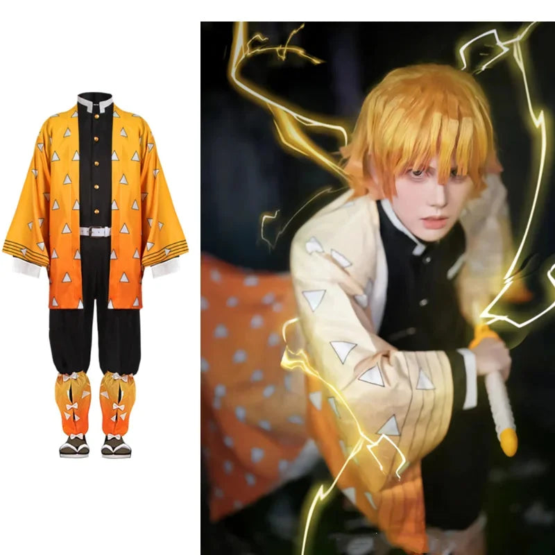 Demon Slayer Kimetsu no Yaiba Agatsuma Zenitsu Cosplay Costume and Wig