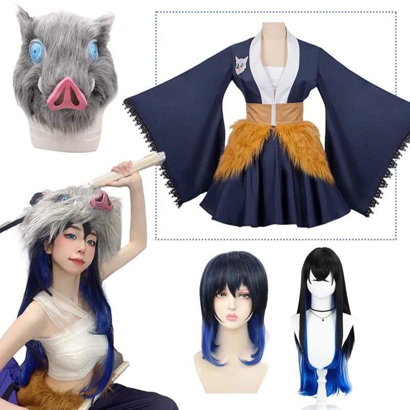 Demon Slayer Hashibira Inosuke Cosplay Costume Girls Dress Long Wig Outfit