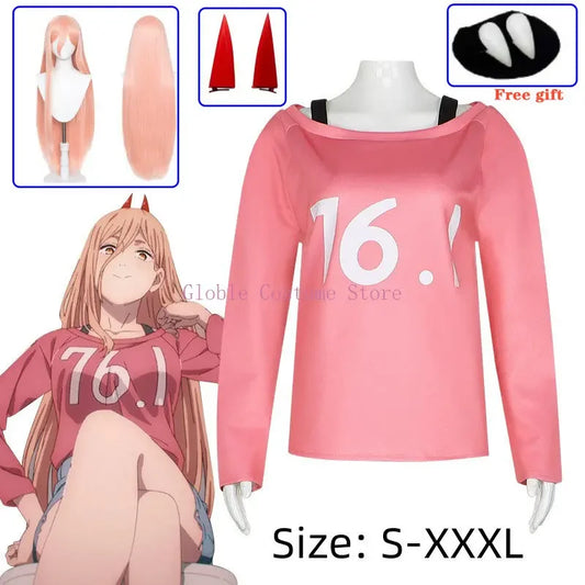 Chainsaw Man Power Cosplay Wigs (pink and orange), Horns, Teeth, Power T-Shirt