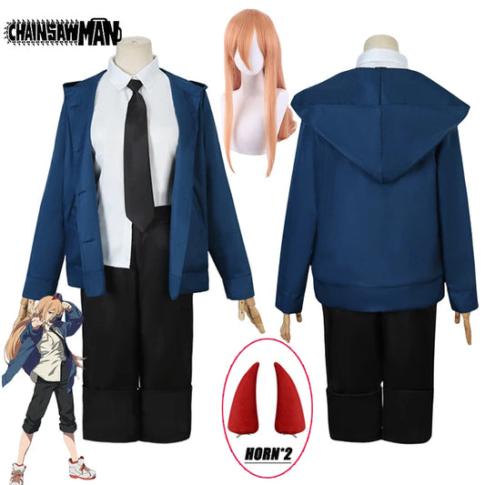 Chainsaw Man Power Cosplay Uniform (Black coat, Pants, Tie, Horns, Belt, and wig)