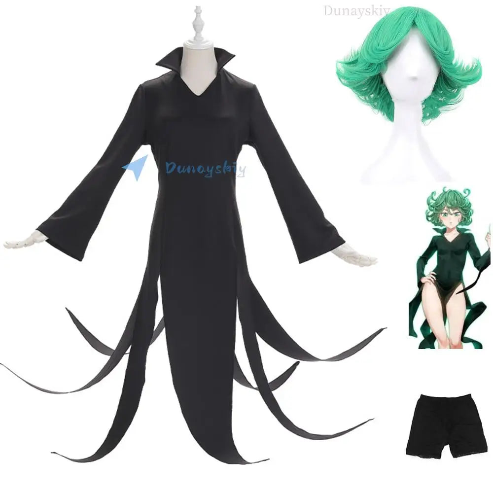 One Punch-Man Terrible Tornado Tatsumaki Cosplay Costume Wig and Black Split Dress