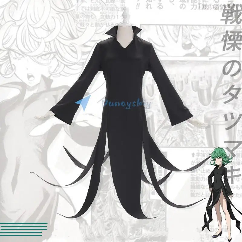 One Punch-Man Terrible Tornado Tatsumaki Cosplay Costume Wig and Black Split Dress